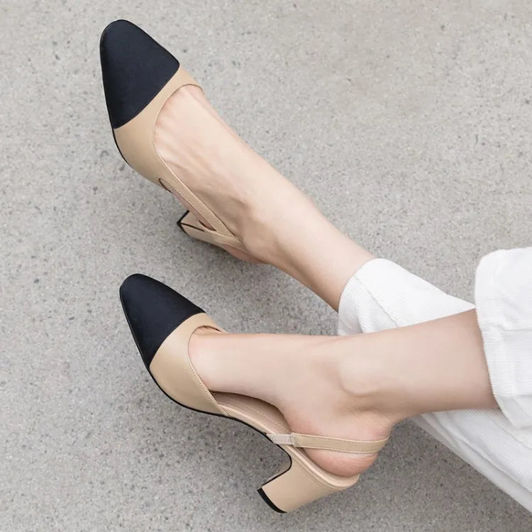 Genuine Leather Slingback Pumps Cap Toe — Beige Nude | KIMLUD