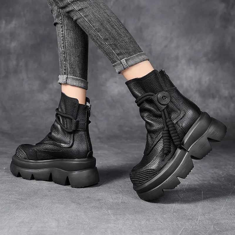 DRKANOL Fashion Thick Bottom Retro boots Women Autumn Winter Thick Plush Warm Platform Wedges Heel Back Zipper Ankle Boots Lady
