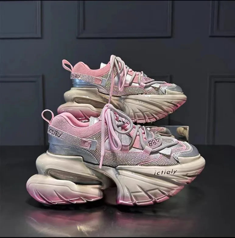 Real Leather Heels Crystal Platform — Soft Pink | KIMLUD