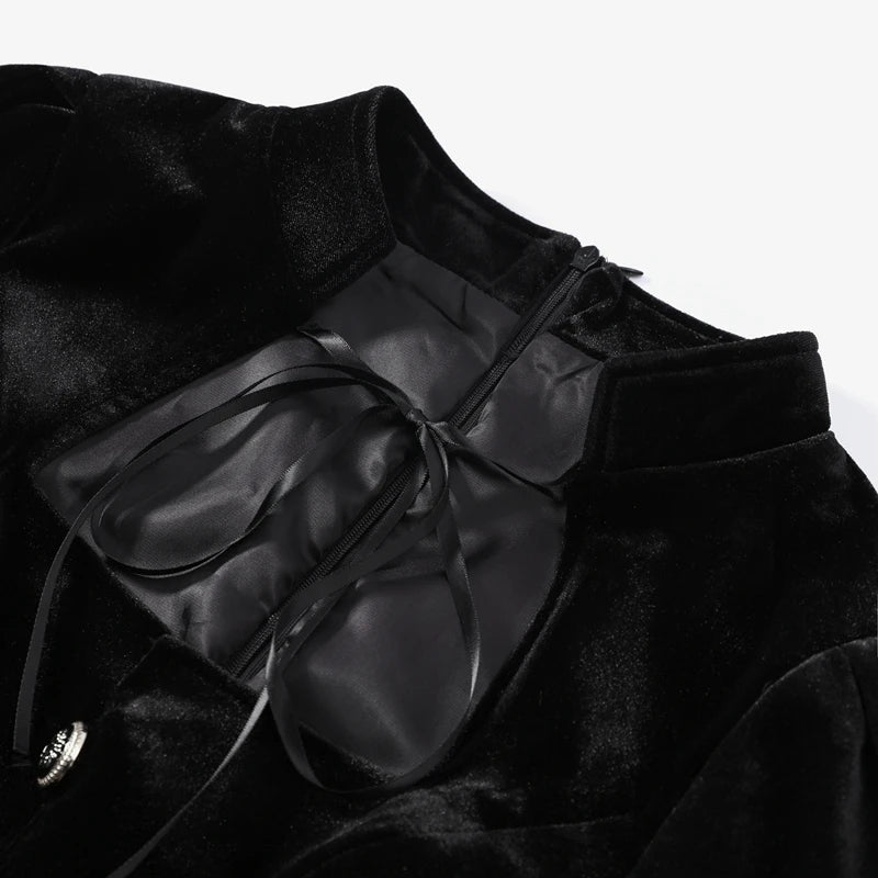 Lace-Up Blazer Set With Cascading Ruffles — Black | KIMLUD