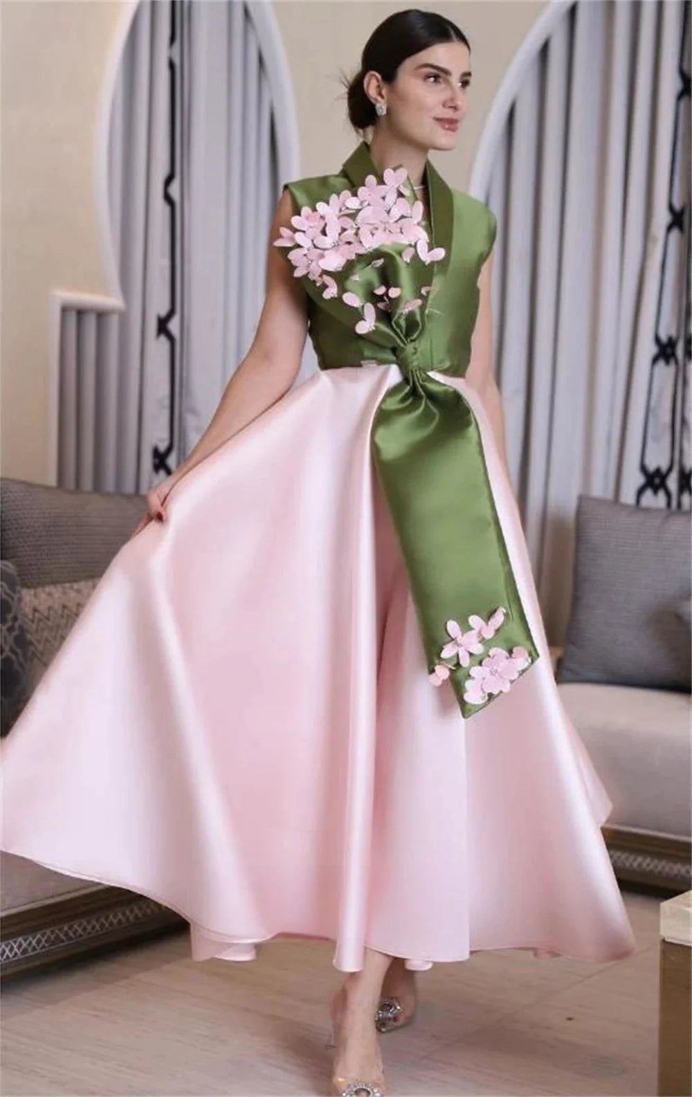 Pink Floral Ankle Length Bespoke Occasion Gown Evening Dresses Pastrol Unisex Jersey Retro Dubai Saudi Arabic Prom Customized