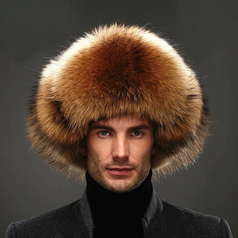 New Winter Men's 100% Real Silver Fox Fur Bomber Hat Raccoon Fur Ushanka Cap Trapper Russian Man Ski Hats Caps Real Leather Top