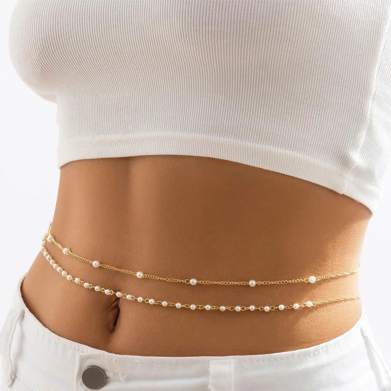 Pearl Chain Belly Chain Double Layer — White | KIMLUD