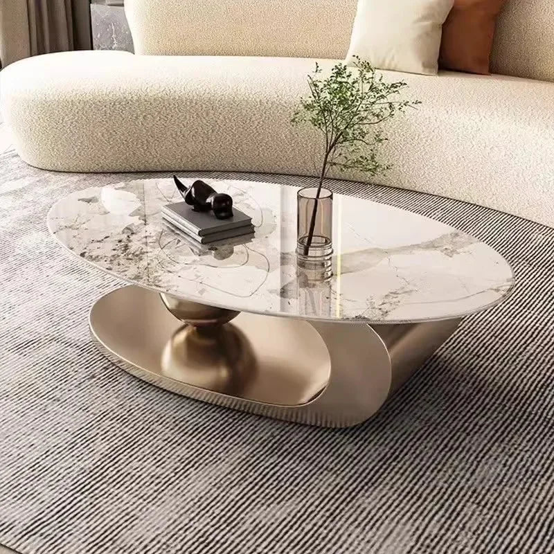 Slate Metal Coffee Table Italian Oval Form With Marble-Like Top — Ivory | KIMLUD
