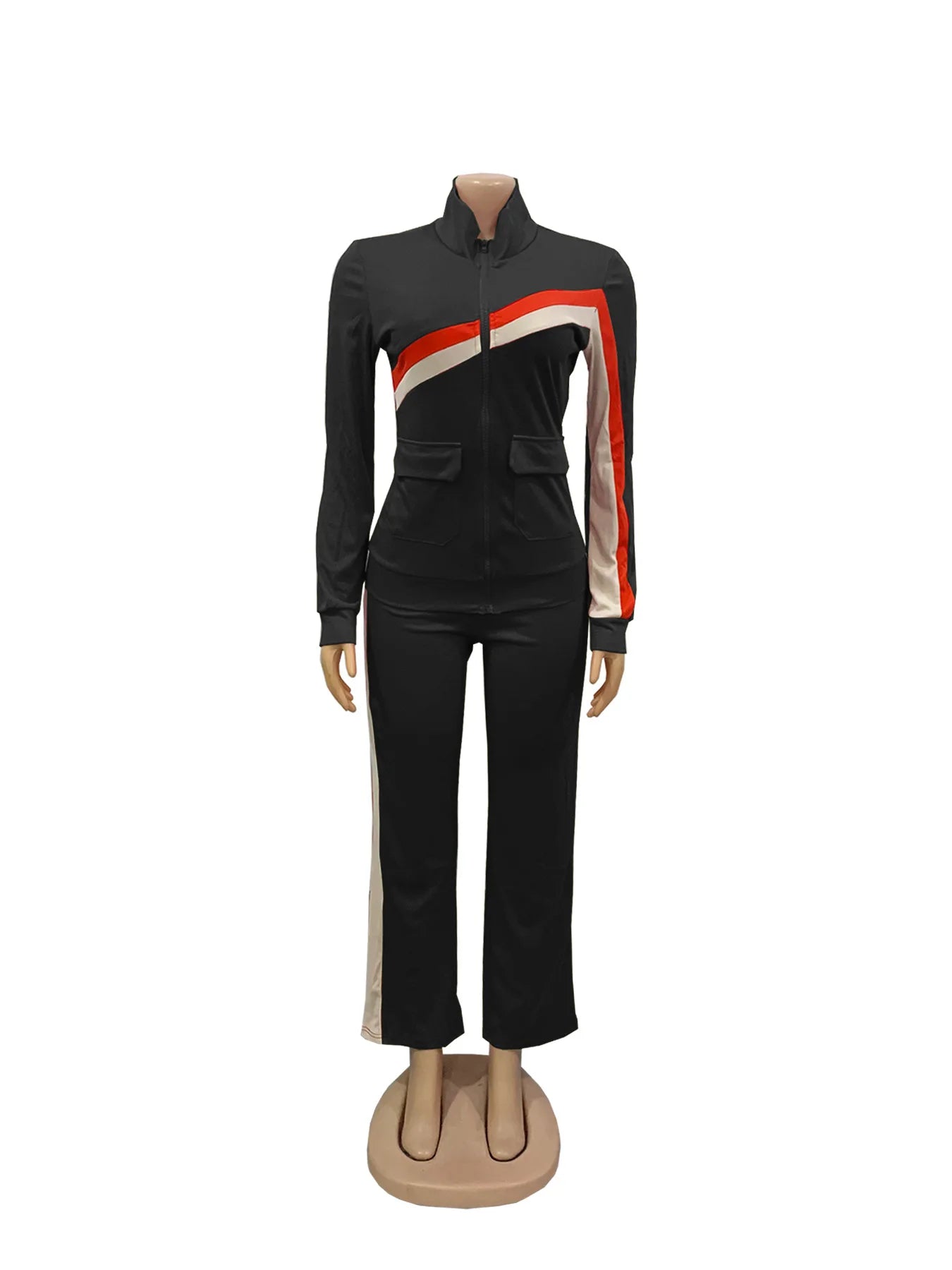 Knit Striped Splicing Two-Piece Sports Set Cream And Burnt-Orange Stripe Panels — Black | KIMLUD