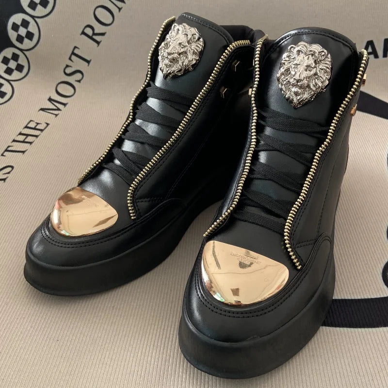 Artificial Leather Sneakers Lion Head Crest Embellishment Patchwork Texture — Crimson Red | KIMLUD