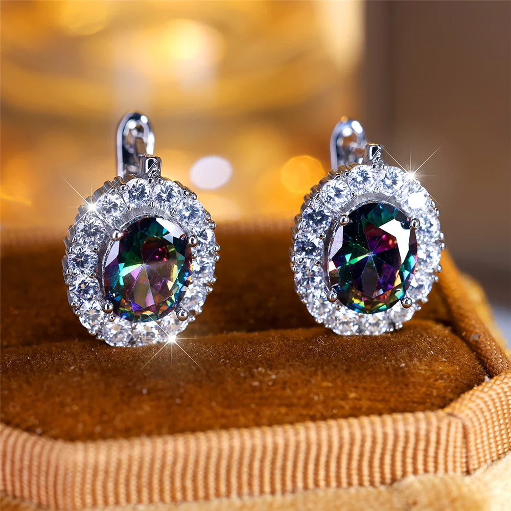 Sterling Silver Zircon Hoop Earrings Small Delicate Blue-Green Stones — Blue-Green | KIMLUD