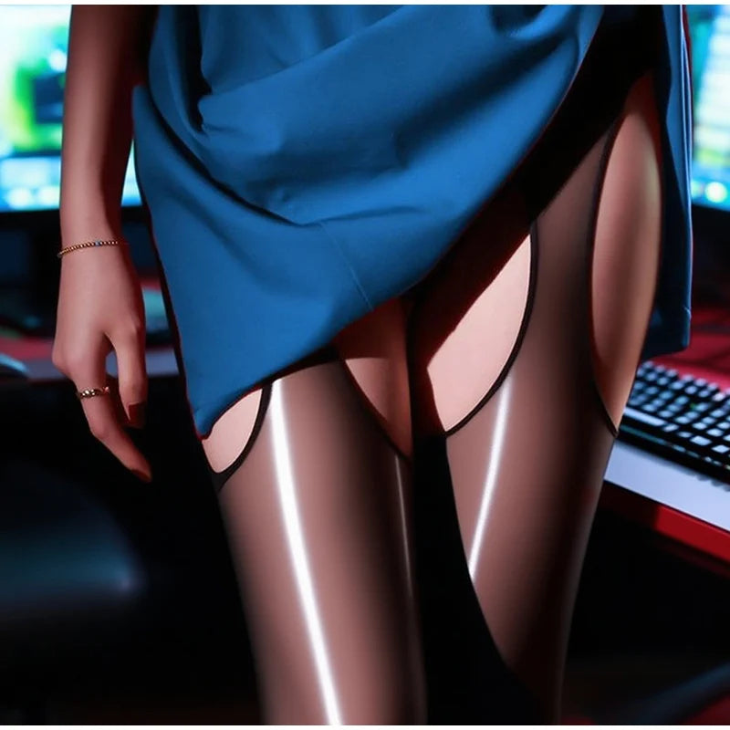 Oil-Like Four-Sided Hollow Glossy Hosiery — Black | KIMLUD