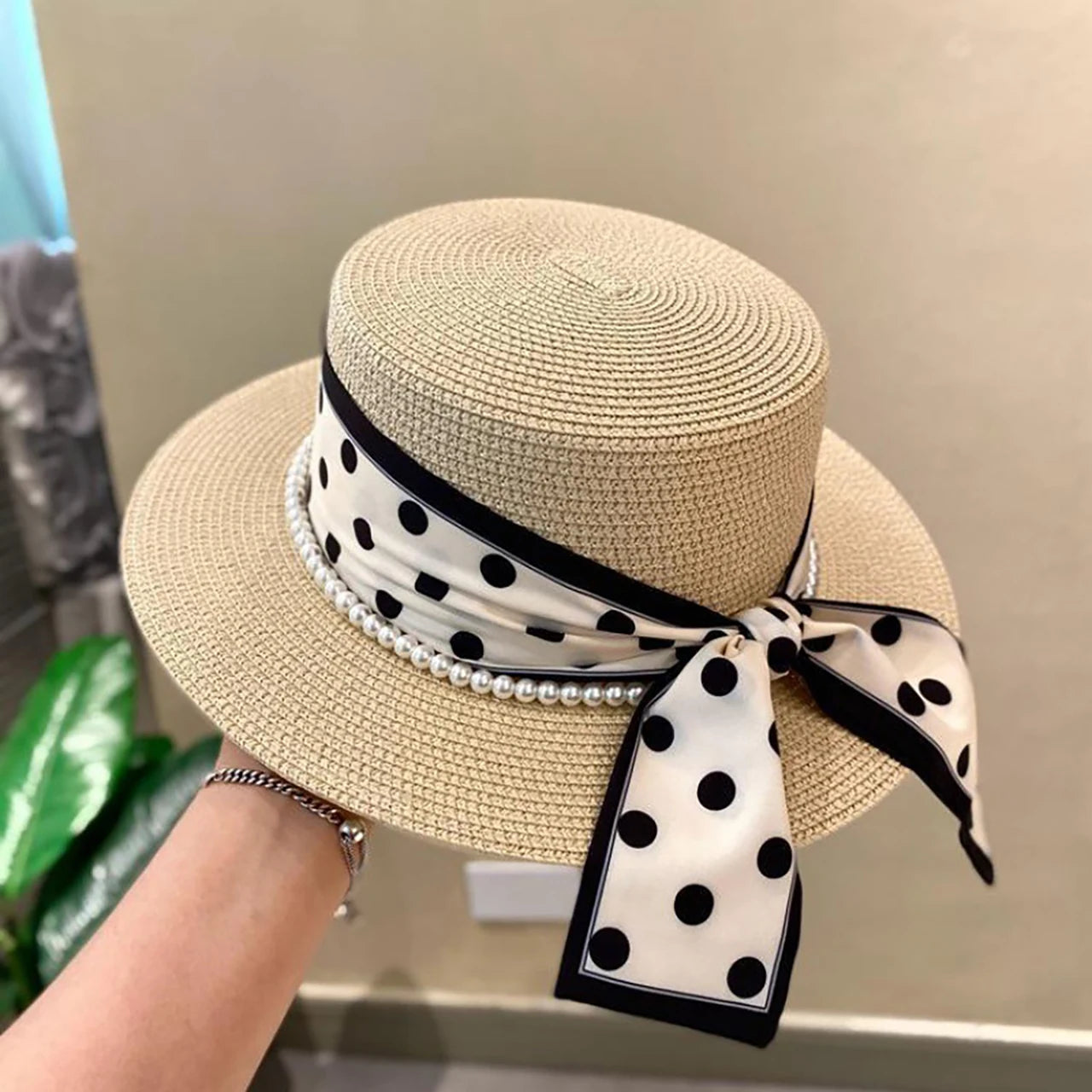 Fashion Straw Hat for Women Dot Ribbon Pearl Summer Wide Brim Sunshade Dome Basin Hats Franch Lady Elegant Travel Beach Sun Cap