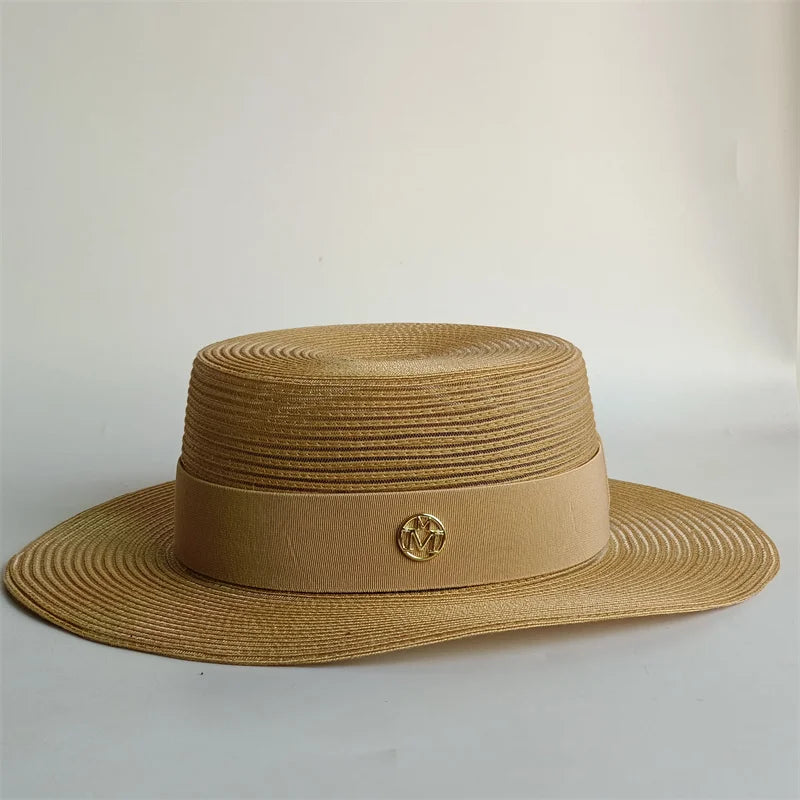 Straw Pearl Chain Flat Top Sun Hat — Beige | KIMLUD