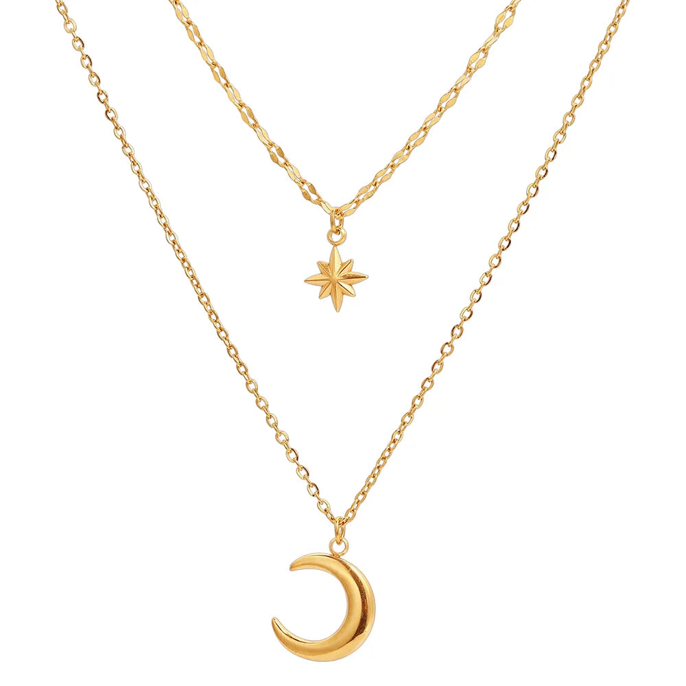 Stainless Steel Necklace Eight-Pointed Star Moon Pendant — Silver | KIMLUD