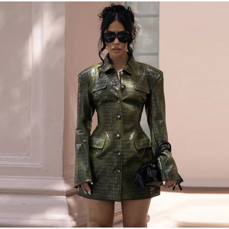 2026 Spring New Leather Blazer Mini Dress For Women Chic Lapel Long Sleeve Pockets Suit Jacket Lady Chic Single Breasted Outwear
