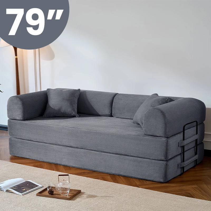 Corduroy Folding Convertible Sofa Bed — Olive | KIMLUD