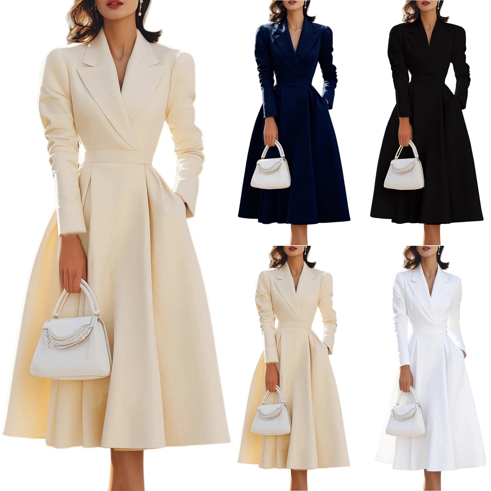 Autumn Winter Women's Elegant Long Dresses Fashion Solid-Color French V-Neck Waist-Cinching Evening Dress Ladies' Party Dresses