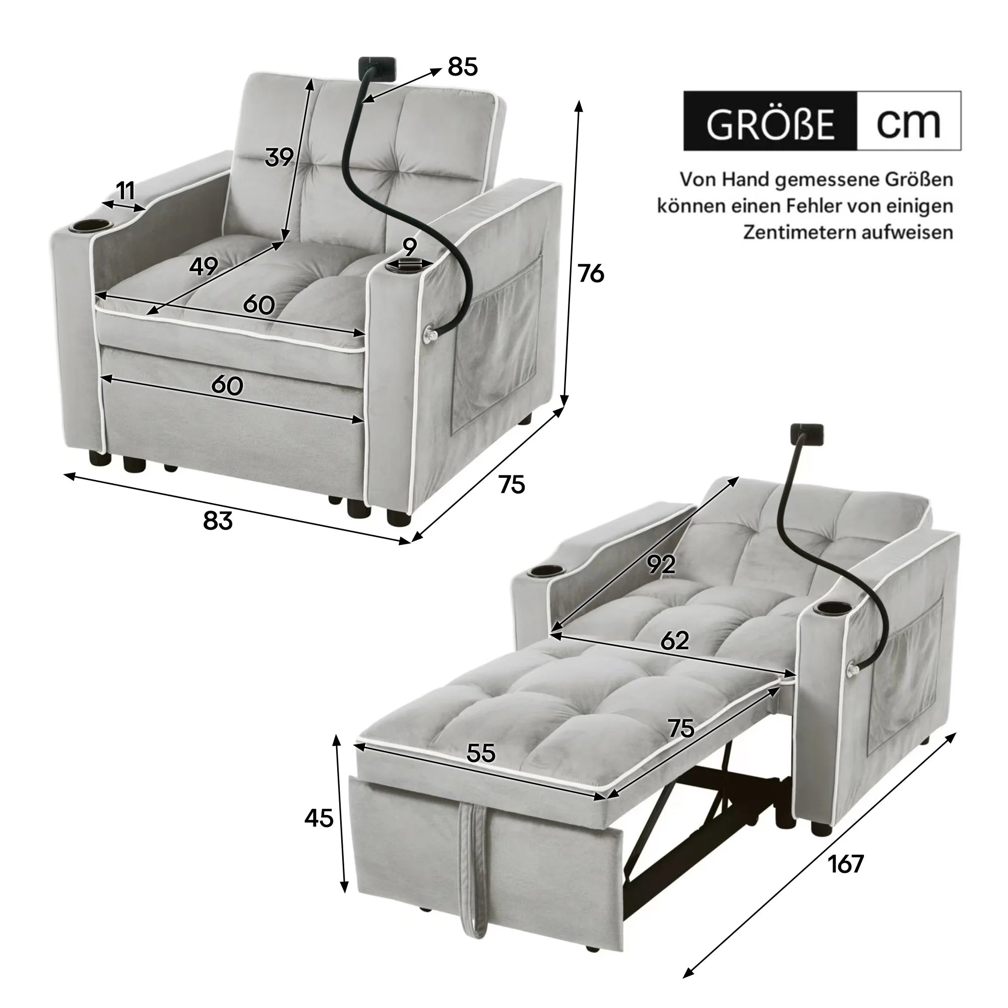 Convertible Sofa Bed 3-in-1 With Beverage Rack And Phone Holder — Soft Ash Gray | KIMLUD