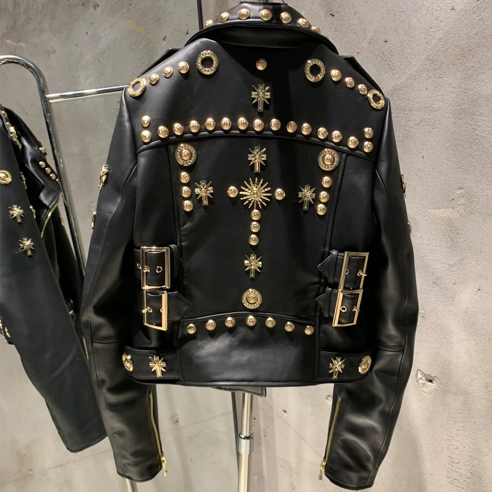 Genuine Sheepskin Leather Jacket Rivet — Black | KIMLUD