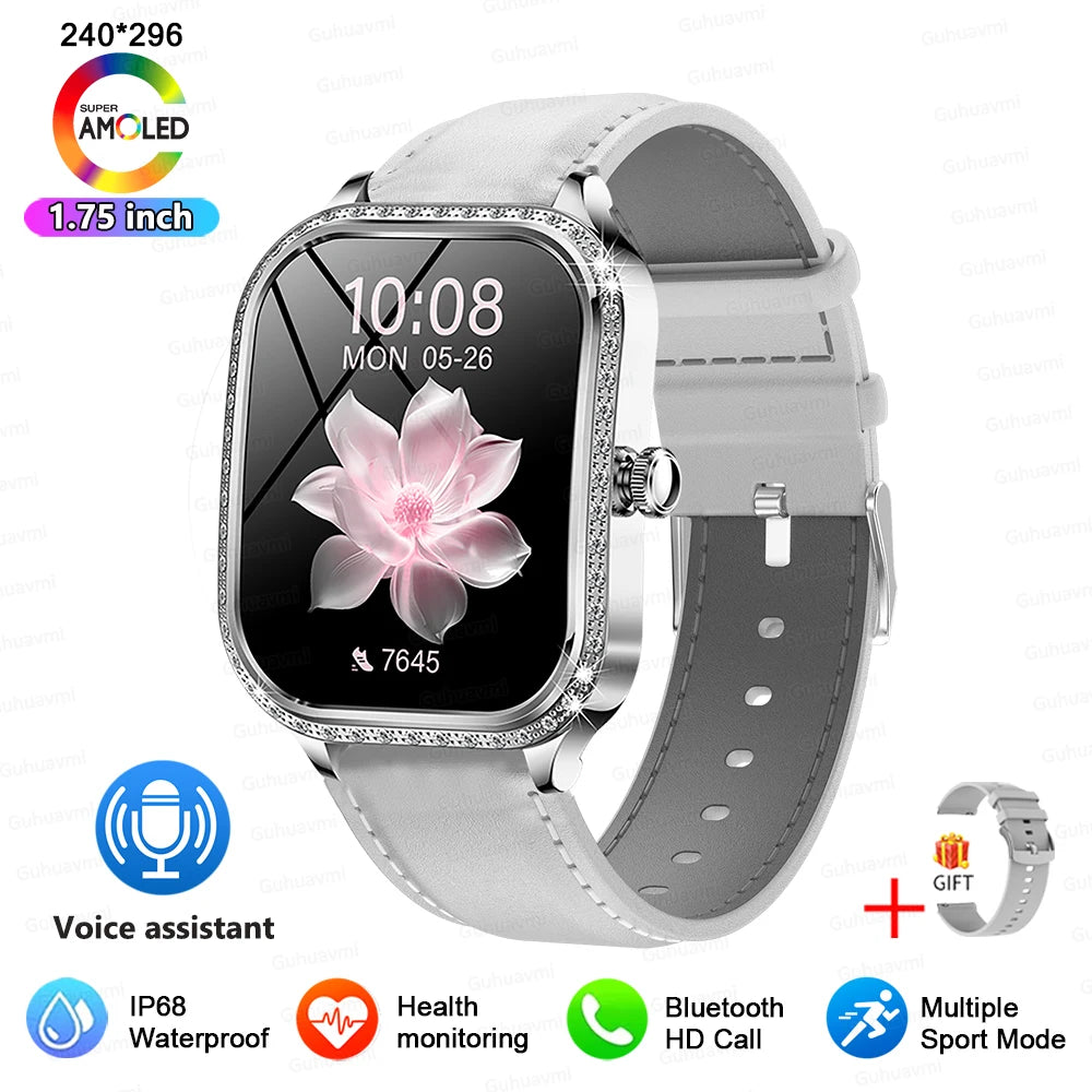 KIMLUD, 2025 New Lady Smart Watch Women AMOLED Curved Screen IP68 Waterproof Health Call Smartwatch For Samsung Huawei Apple Watch 4 ios, Grey leather / samrt watch, KIMLUD APPAREL - Womens Clothes