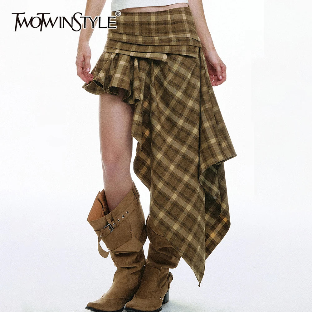 Skirt – Asymmetric Wrap Ruched Waist – Polyester – Plaid | KIMLUD
