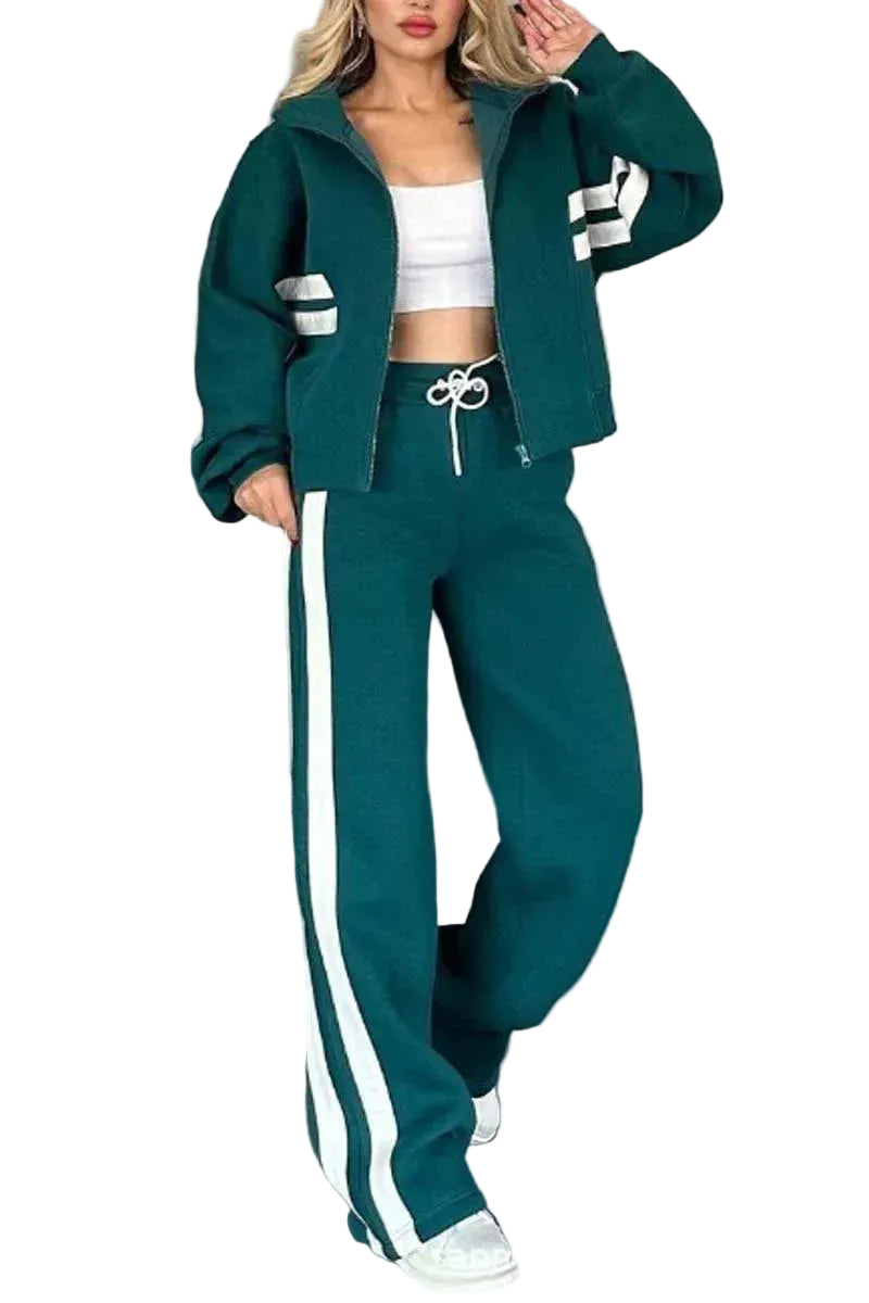 Y2K Striped Zipper Coat Two-Piece Set Red Stripe — White | KIMLUD