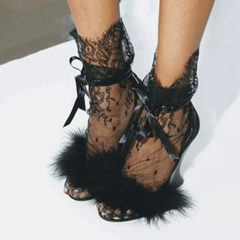 Lace Mesh Socks Floral Transparent — Black | KIMLUD