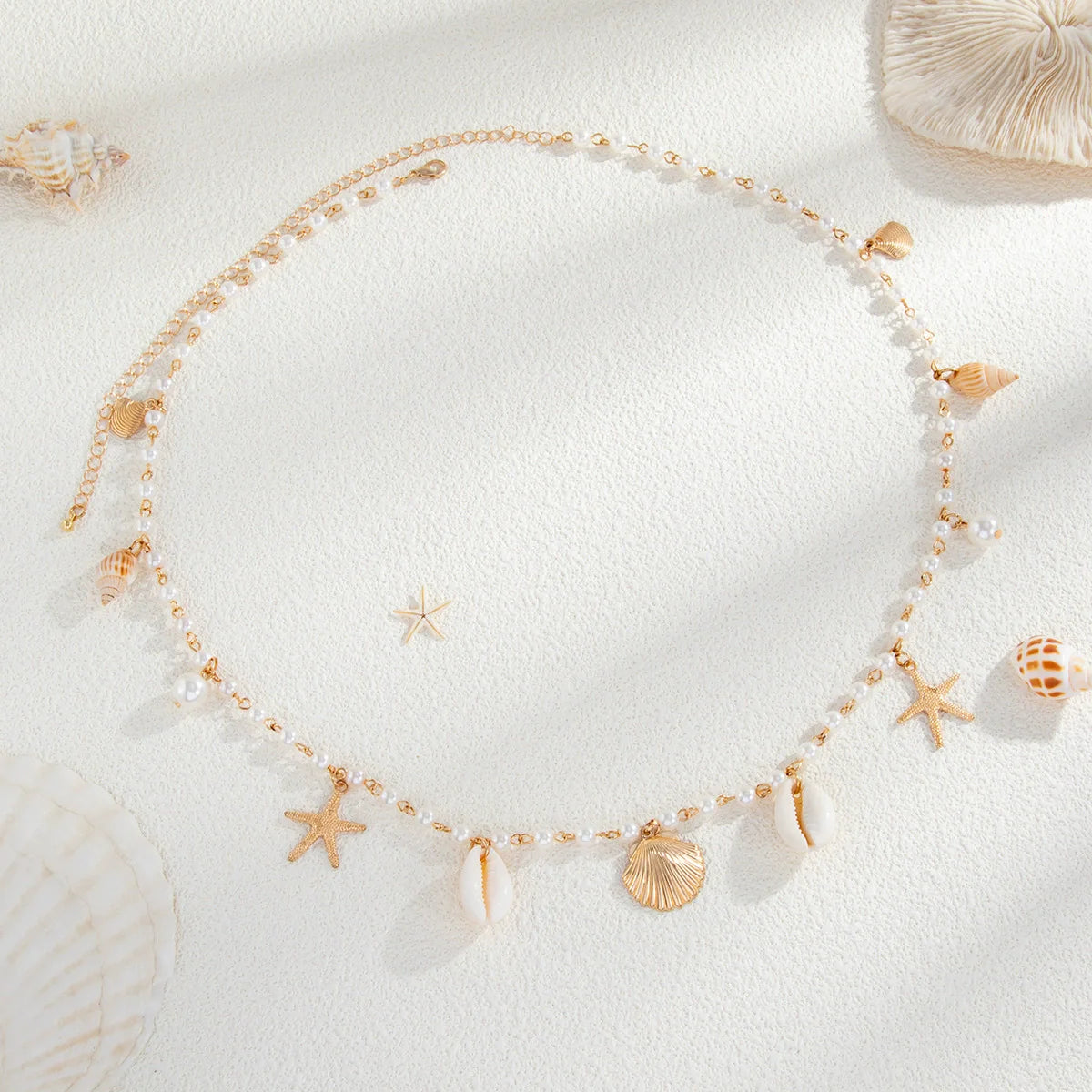 Gold-Tone Waist Chain With Pearl Beads And Starfish Pendant And Seashell Charms — Gold | KIMLUD