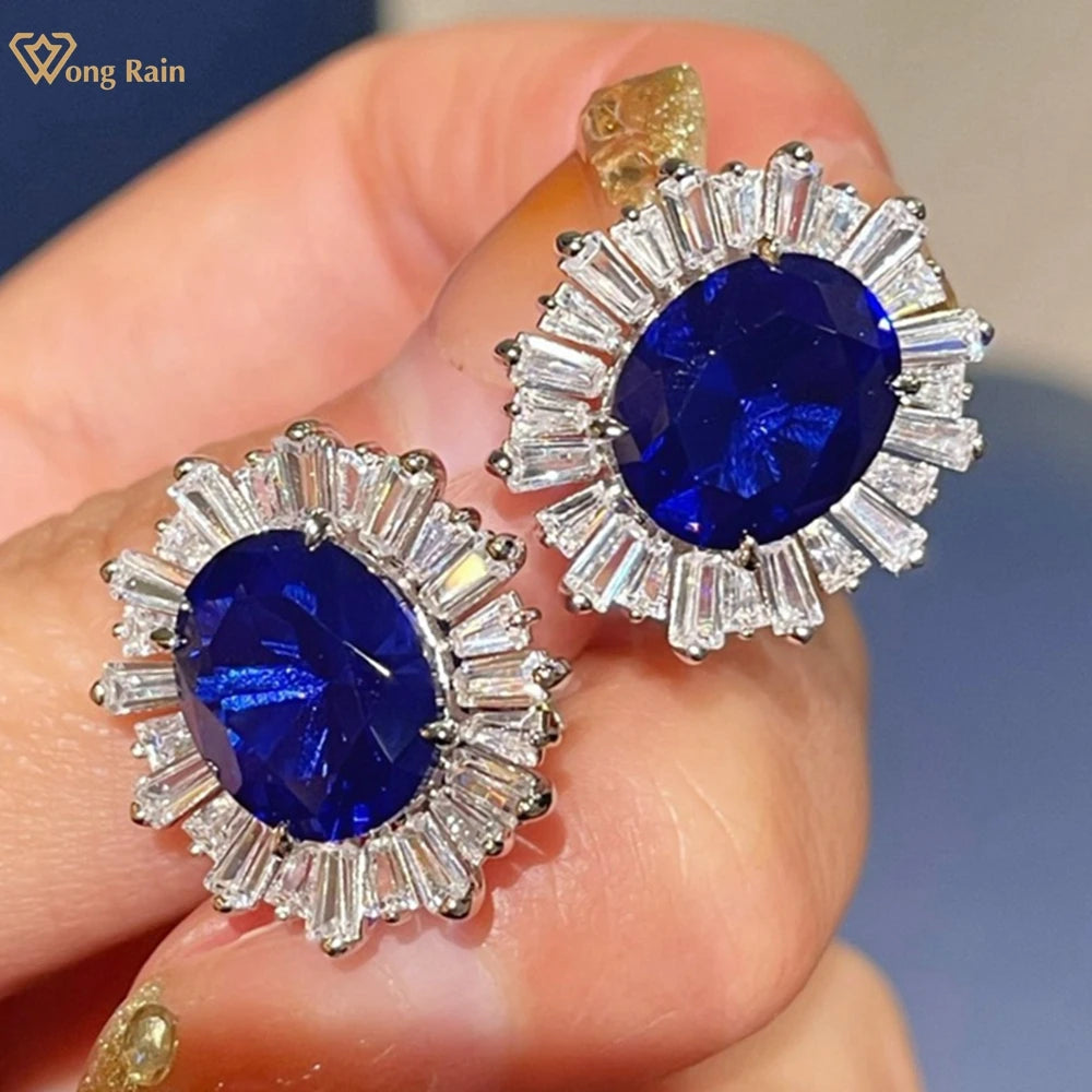 Sterling Silver Stud Earrings Oval Cut Sapphire Diamond — Blue | KIMLUD