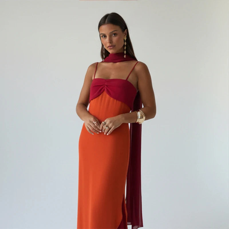Color Blocking Sling Dress Scarf Collar — Orange Burgundy | KIMLUD