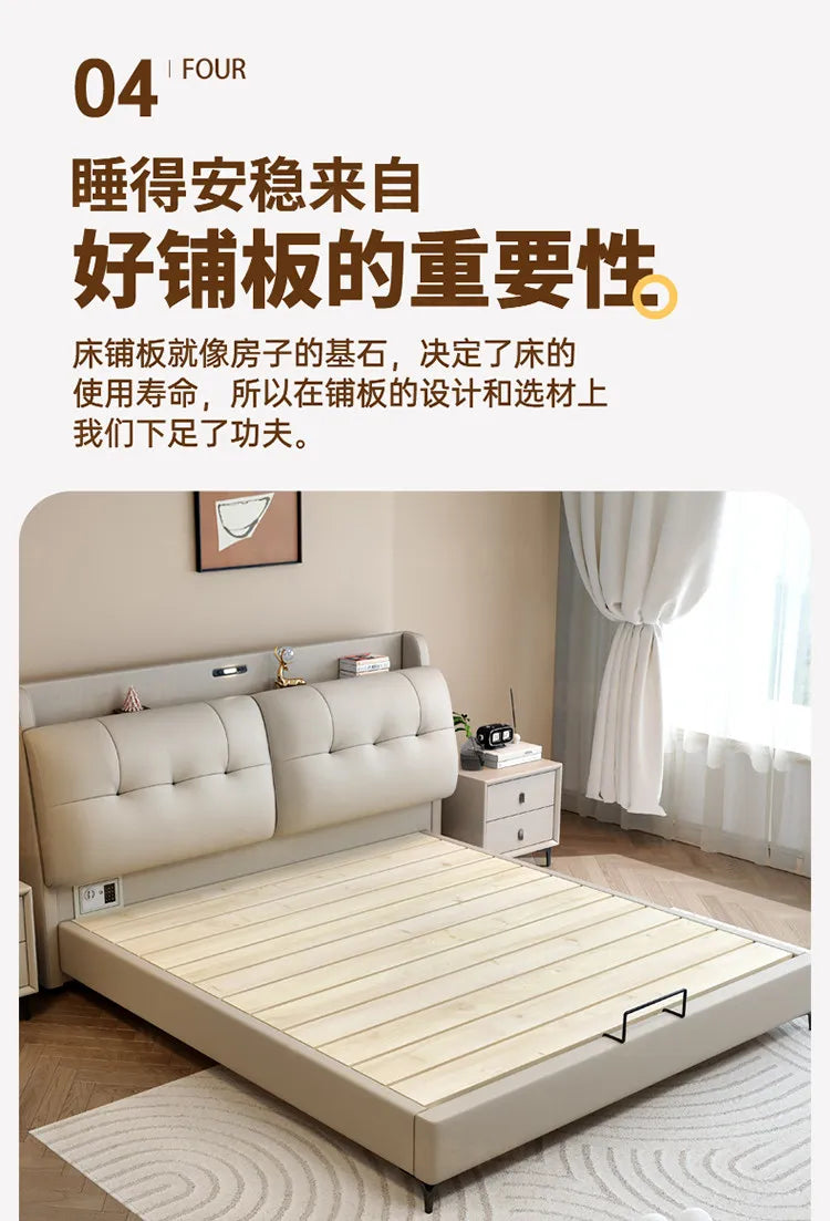 Minimalist Upholstered Bed Frame With Storage — Cream Beige | KIMLUD