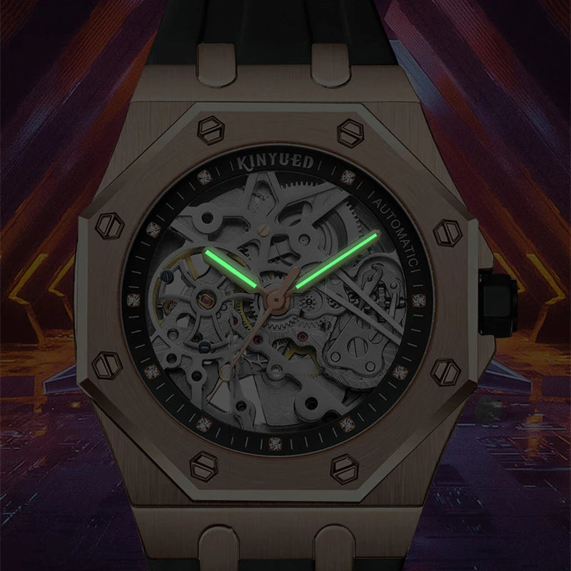 KINYUED Fashion Skeleton Mechanical Watch Top Brand Luxury Men's Steampunk Transparent Hollow Automatic Watch Relogio Masculino