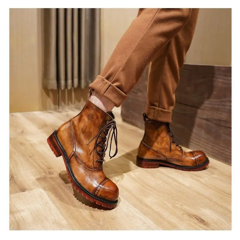 Cow Genuine Leather Motorcycle Boots Brogue Shoes Retro High Big Head Chelsea Men's Boots Ankle Boots For Men Brown