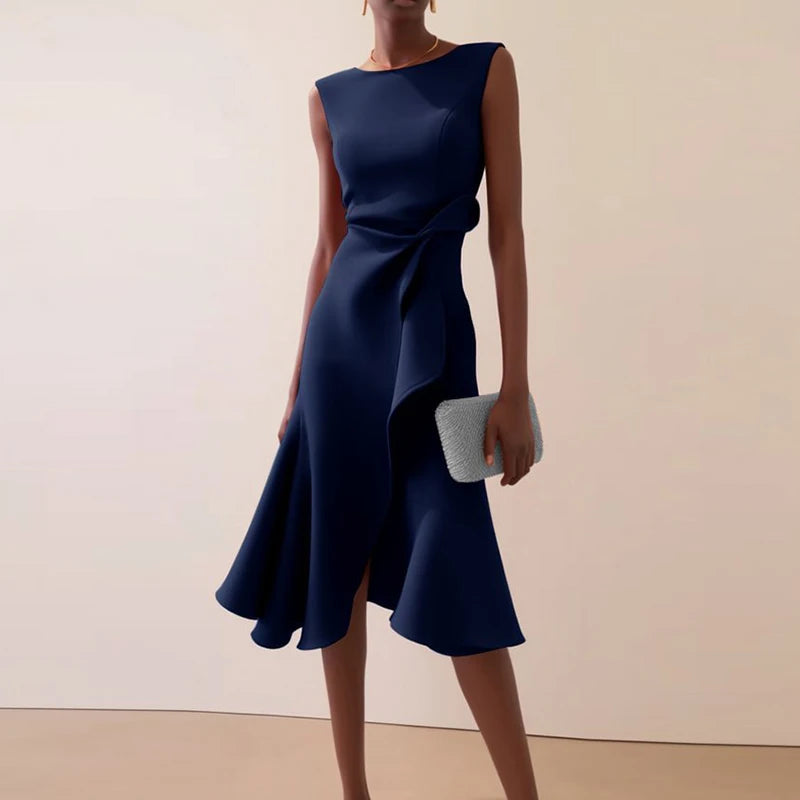 O-Neck A-Line Dress With Knot And Ruffle — Pink | KIMLUD