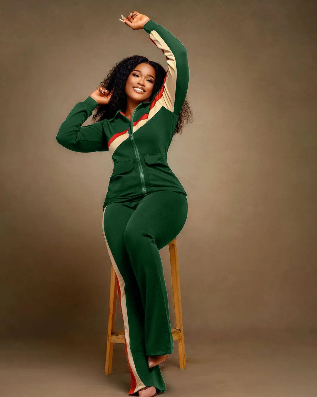 Custom LOGO Spring  Women's Sports Casual Fashion Color-matching Pocket Lapel Zipper Top Straight Pants Two-piece Set S-4XL