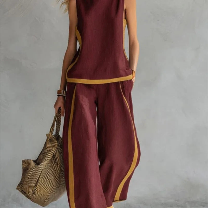 Women's 2-piece Set 2026 New Sleeveless Contrast Wide Leg Pants Suit Summer Casual Fashion Two-piece Trendy Style Women Clothing