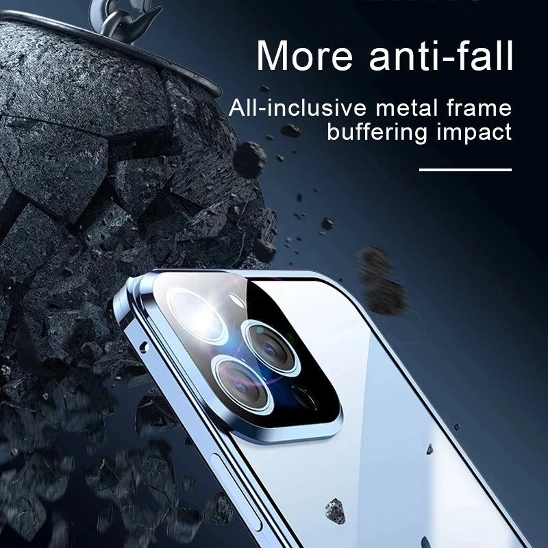 360 Full Protection Metal Magnetic Double Sided Glass Snap Lock Case For iPhone 17 16 15 14 12 13 Pro Max Lens Protection Cover