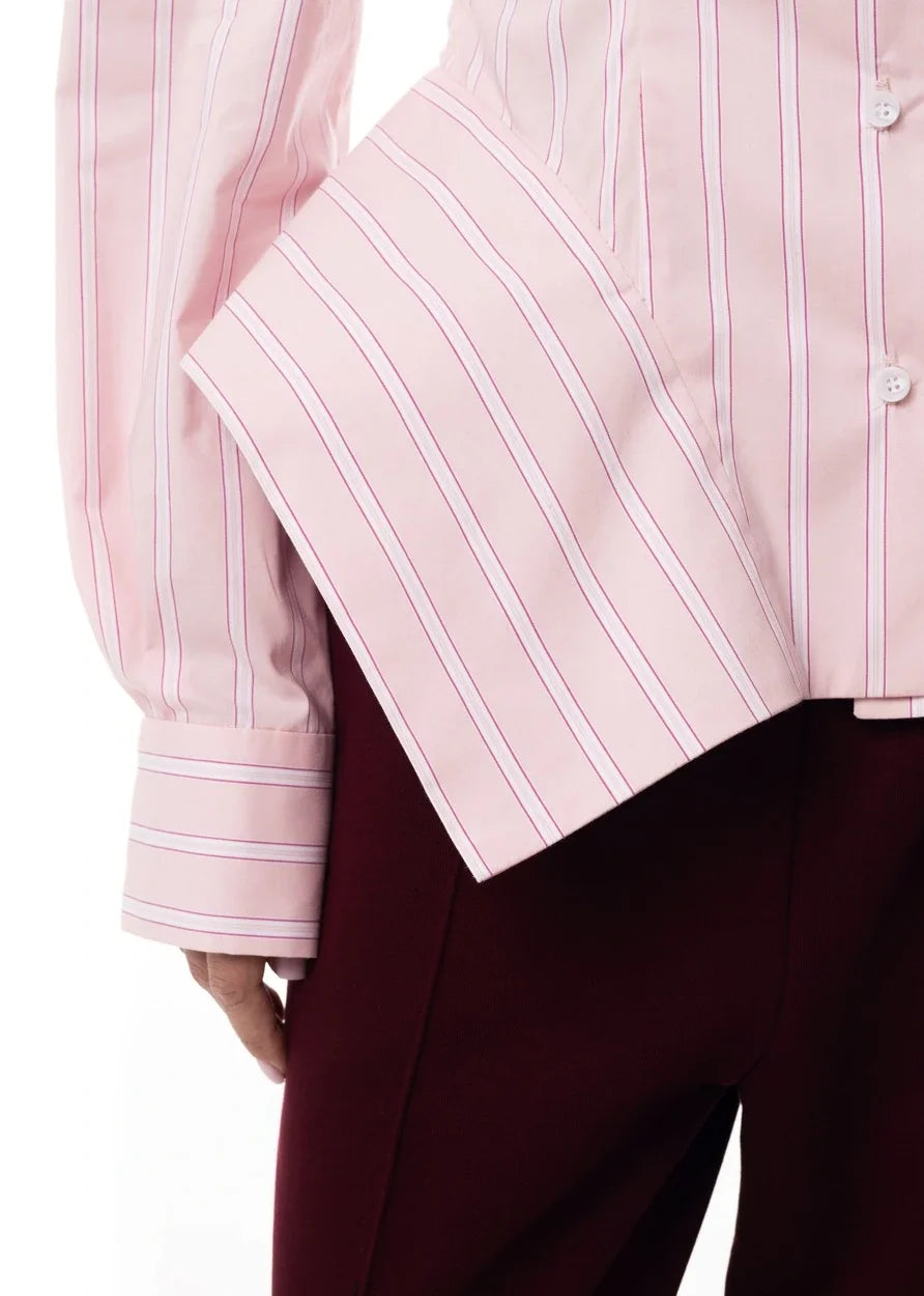 Collar Striped Shirt Asymmetrical Hem Cinched Waist — White | KIMLUD