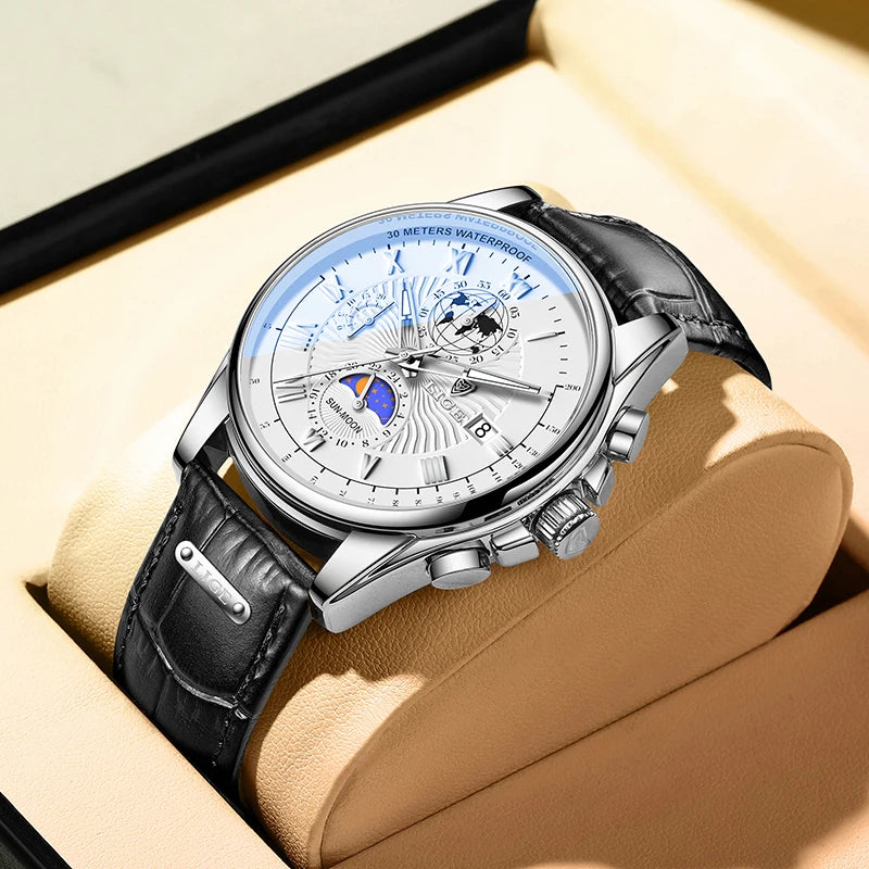 2024 LIGE New Blue Leather Mens Watches Top Brand Luxury Waterproof Watch For Men Sport Date Quartz Wristwatch Relogio Masculino