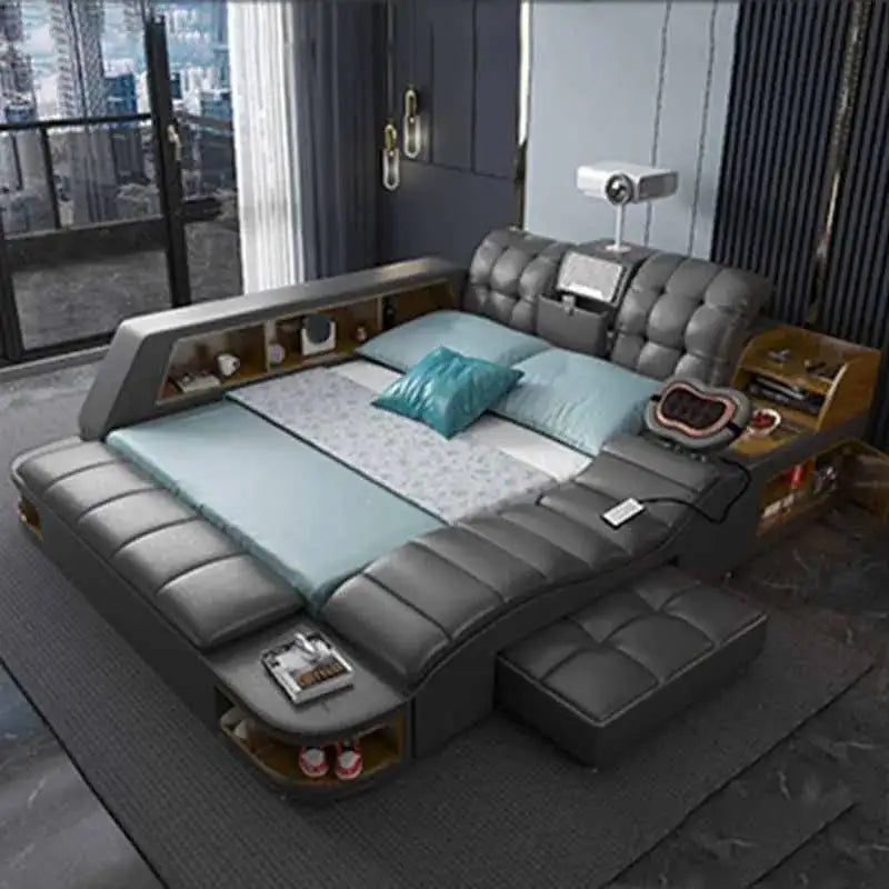 King Simple Double Bed Modern Headrest Storage Sleeping Queen Double Bed Smart Floor Luzko Wielofunkcyjne Furniture For Bedroom