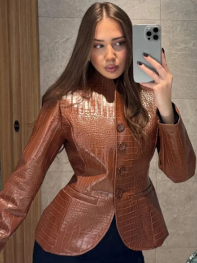 Coat – Crocodile Embossed Look – Polyester | KIMLUD