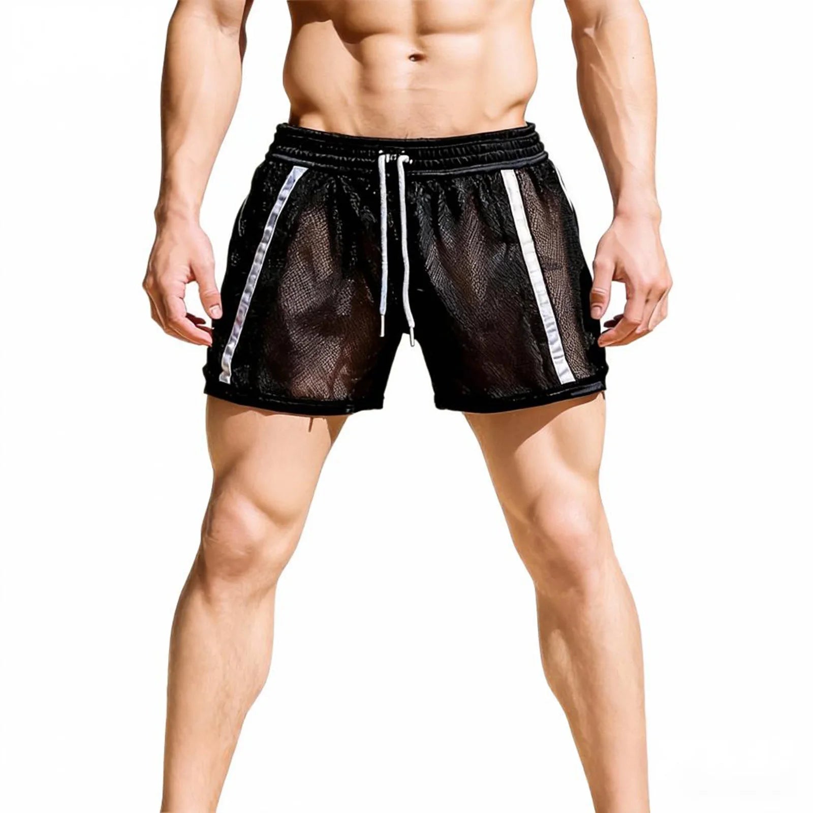 Men’s Workout Shorts Summer Drawstring Elastic Waist See-Through Running Shorts Sportswear