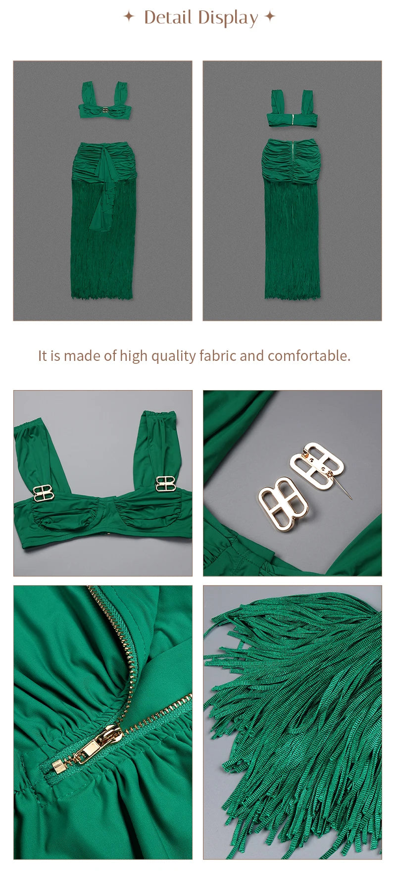 VC Fashion Summer Beach Green Tassel Dress And Cropped Top Set Ruched Waist Design for Vacation Party