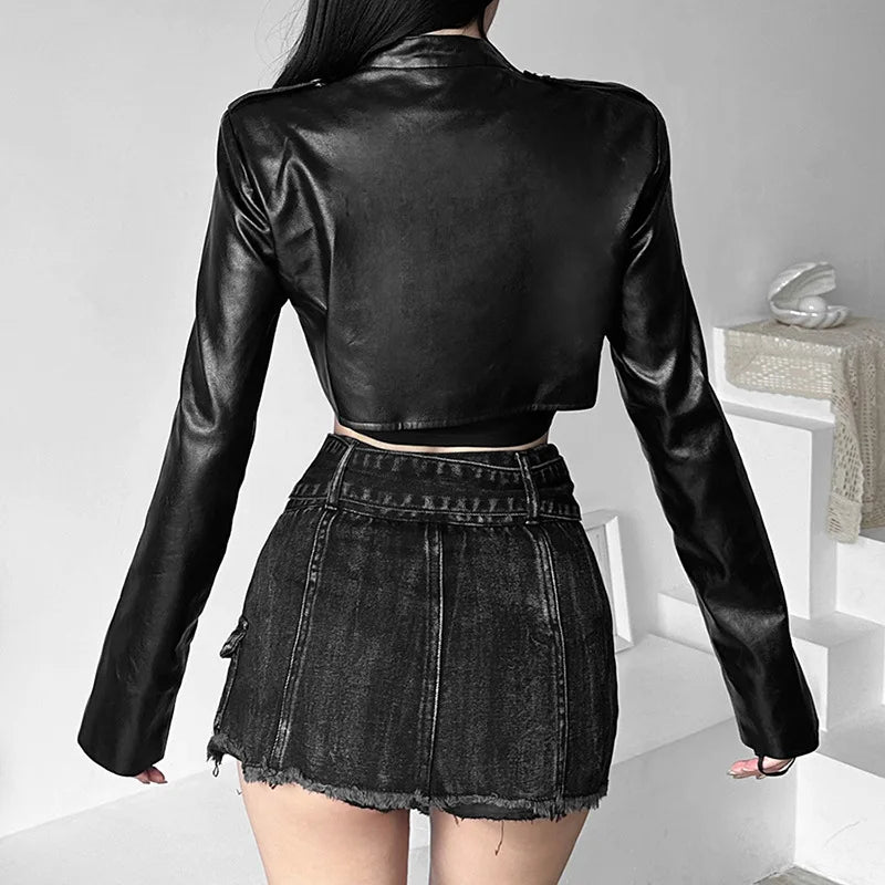 Nibber 2024 Autumn New Vintage Classic Black Hottie Mysterious All-Match Casual High Street Cool Confident Women's Matte Jacket