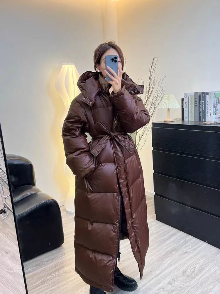 With Belt Women's Winter Down Jacket Long Puffer Coat White Duck Thick Warm Hooded Waterproof Down Jacket With Sashes Outwear