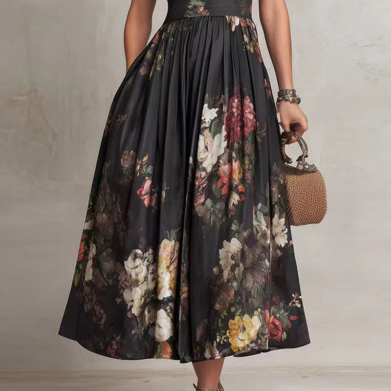 Satin A-Line Midi Dress Empire Waist Knife-Pleated Skirt — Black | KIMLUD
