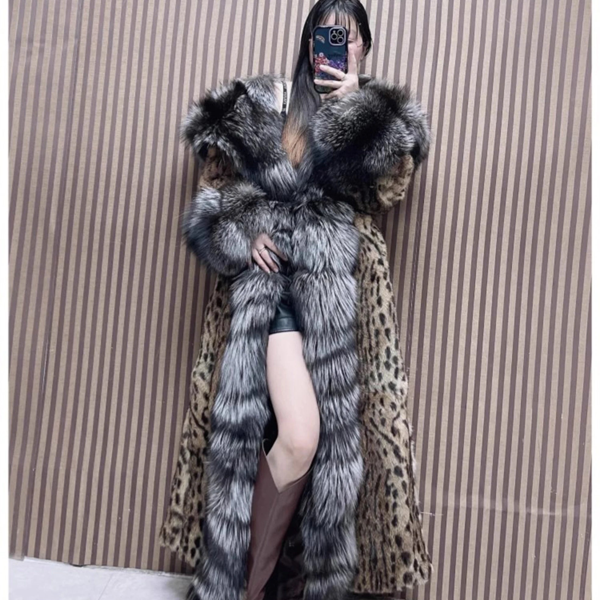 120cm Length Women's Genuine Rabbit Fur Coat Fox Fur Hooded Long Jacket Luxury Overcoats