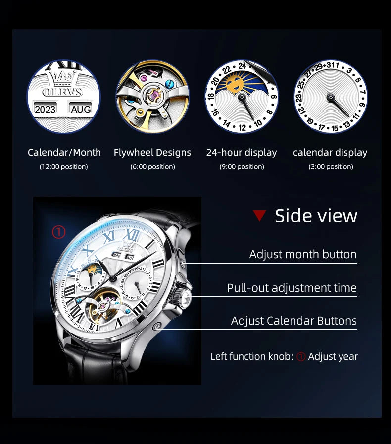 Moon Phase Mechanical Watch Automatic Self-Wind — Silver | KIMLUD