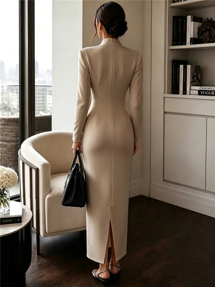 Maxi Dress – V-Neck – Sheath Bodycon – Black | KIMLUD