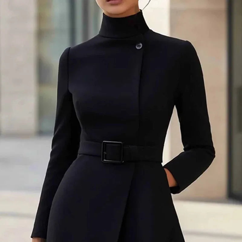 Autumn Winter Turtleneck Solid A-Line Dress Elegant Button High Waist Pocket Office Dress Woman Long Sleeve Casual Party Dresses