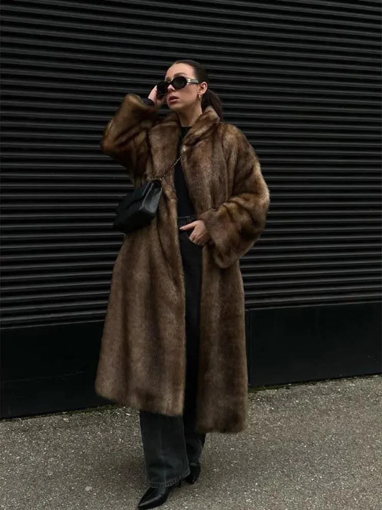 Faux Fur Coat – Turn-Down Collar – Man-Made Fiber – Mixed Color | KIMLUD
