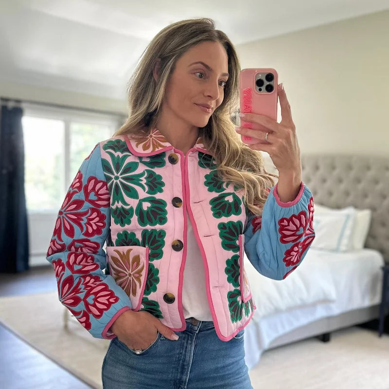 Women Print Cotton Jacket Colorful Casual Turn-down Collar Long Sleeve Single Breasted Pocket Jackets Autumn Winter Fashion Coat
