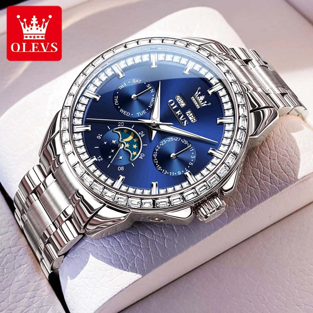 Moon Phase Automatic Rose-Gold Tone Stainless Steel Watch — Cobalt Blue | KIMLUD